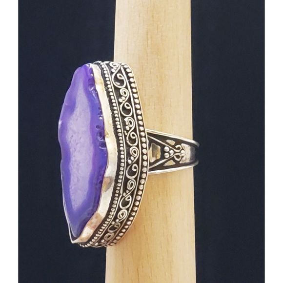 Large Purple Agate Style Sterling Silver Boho Hippie Intricate Southwestern Ring - Picture 2 of 8